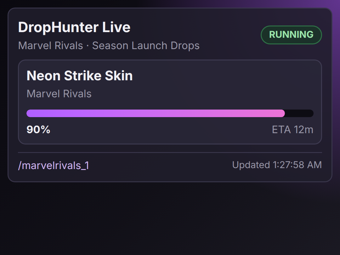 DropHunter live monitor showing Twitch Drops farming status and reward progress