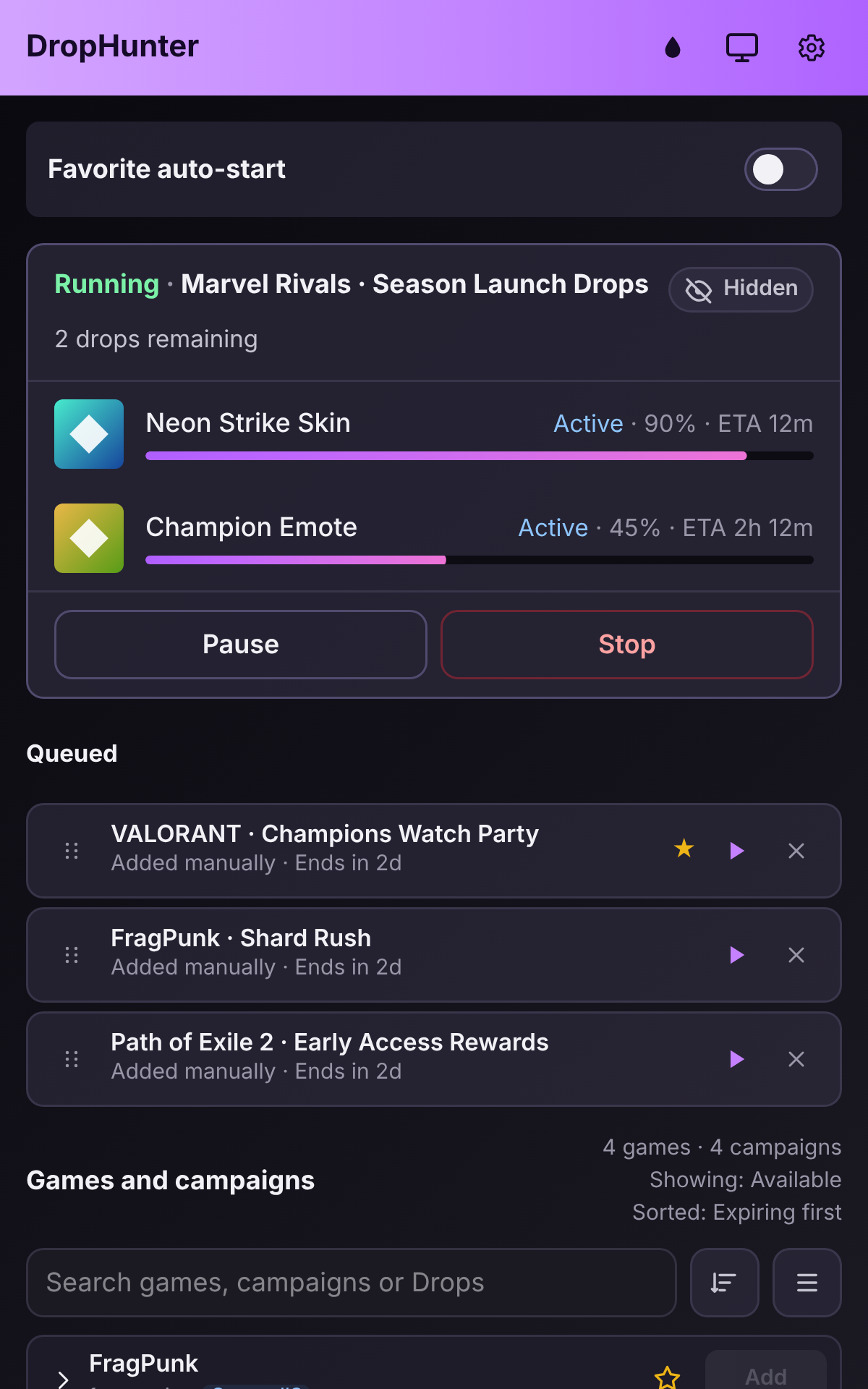 DropHunter popup auto-claiming Twitch Drops while hidden farming runs, with progress and ETA