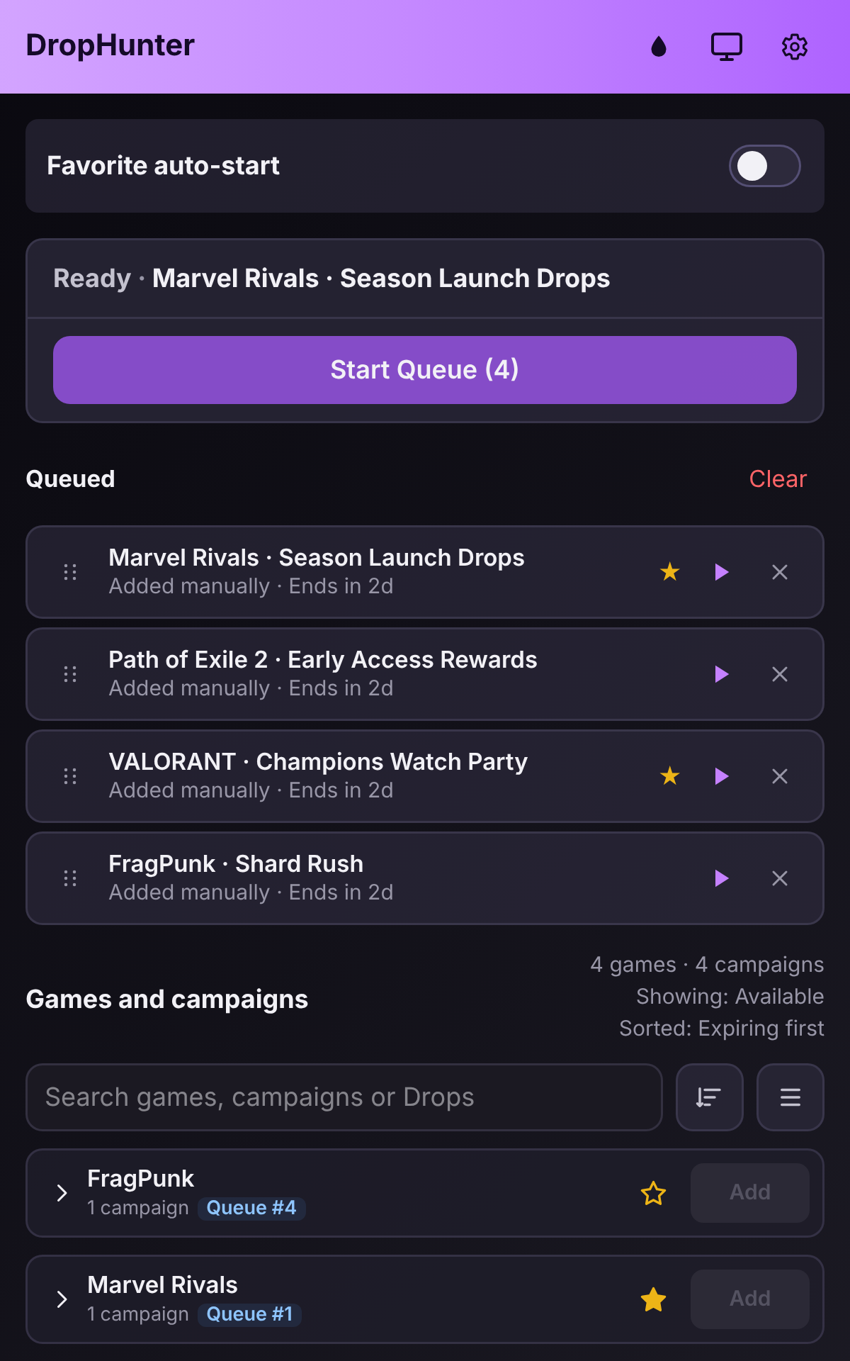 DropHunter campaign queue for farming Twitch Drops, Marvel Rivals selected